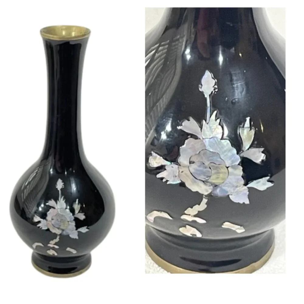 Asian black lacquer, brass and mother of pearl vase